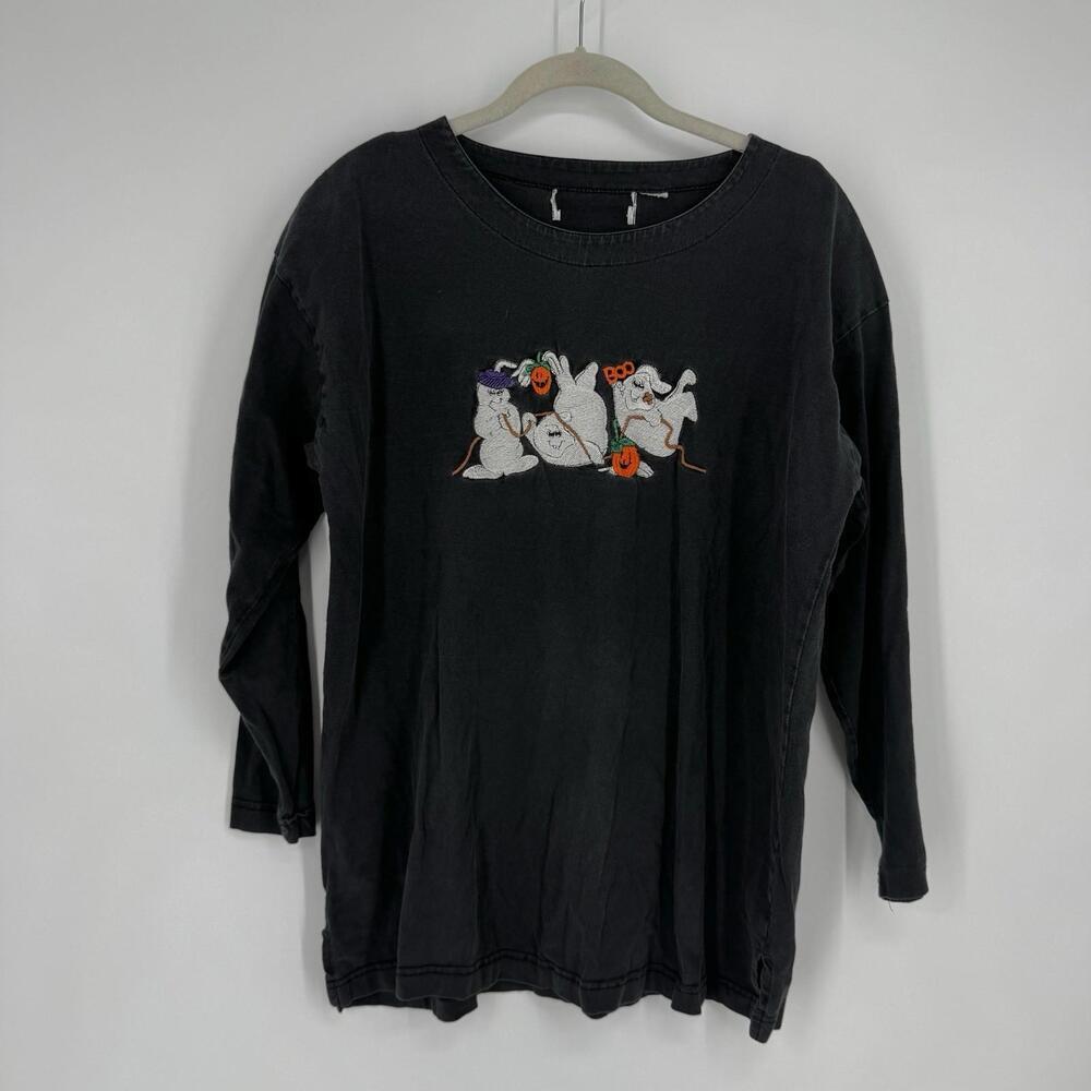 Vintage 90s y2k halloween shirt womens large L long black ghost pumpkin casual